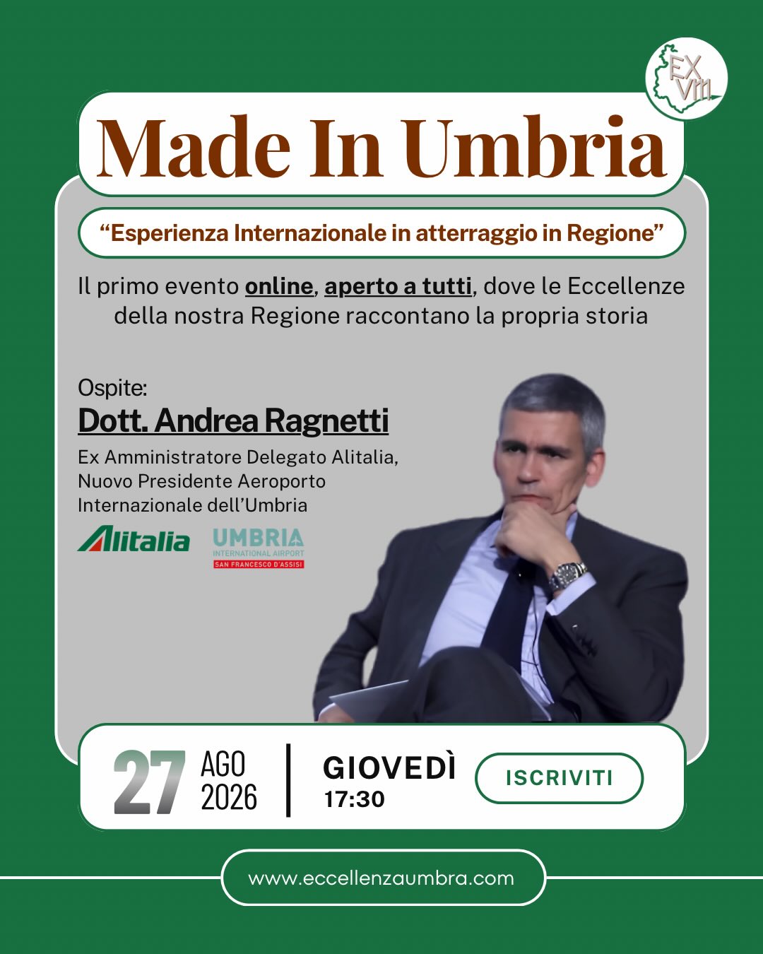 Locandina dell'evento Made in Umbria con Andrea Ragnetti, giovedì 27 agosto 2026 alle 17:30